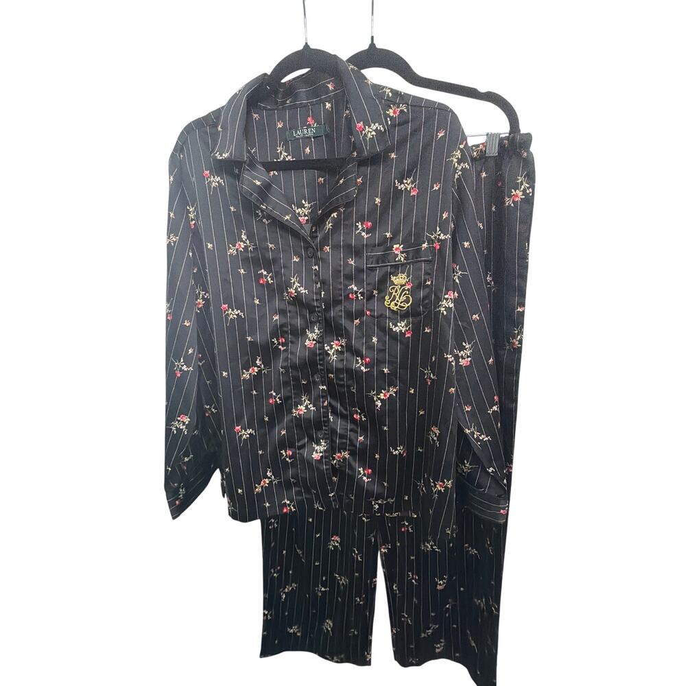 Lauren Ralph Lauren Womens Pajama Set Size XL Black Satin Button Down Top Pants